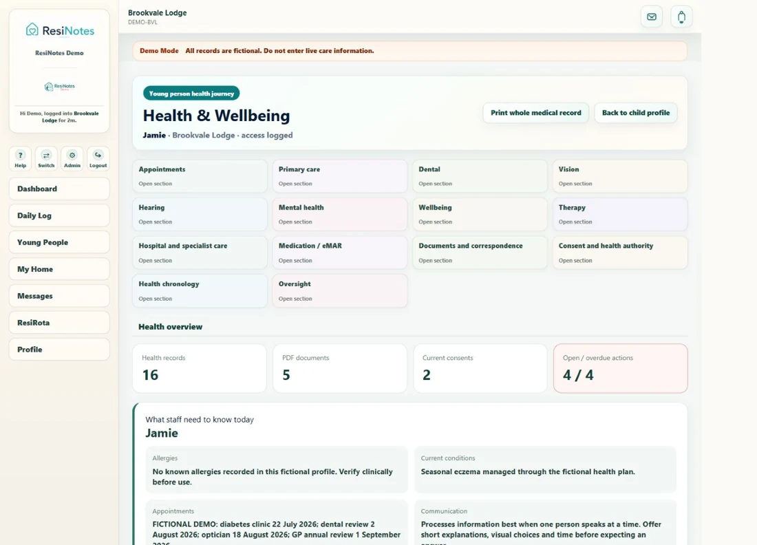 ResiNotes demo: Keep health needs and follow-up visible.