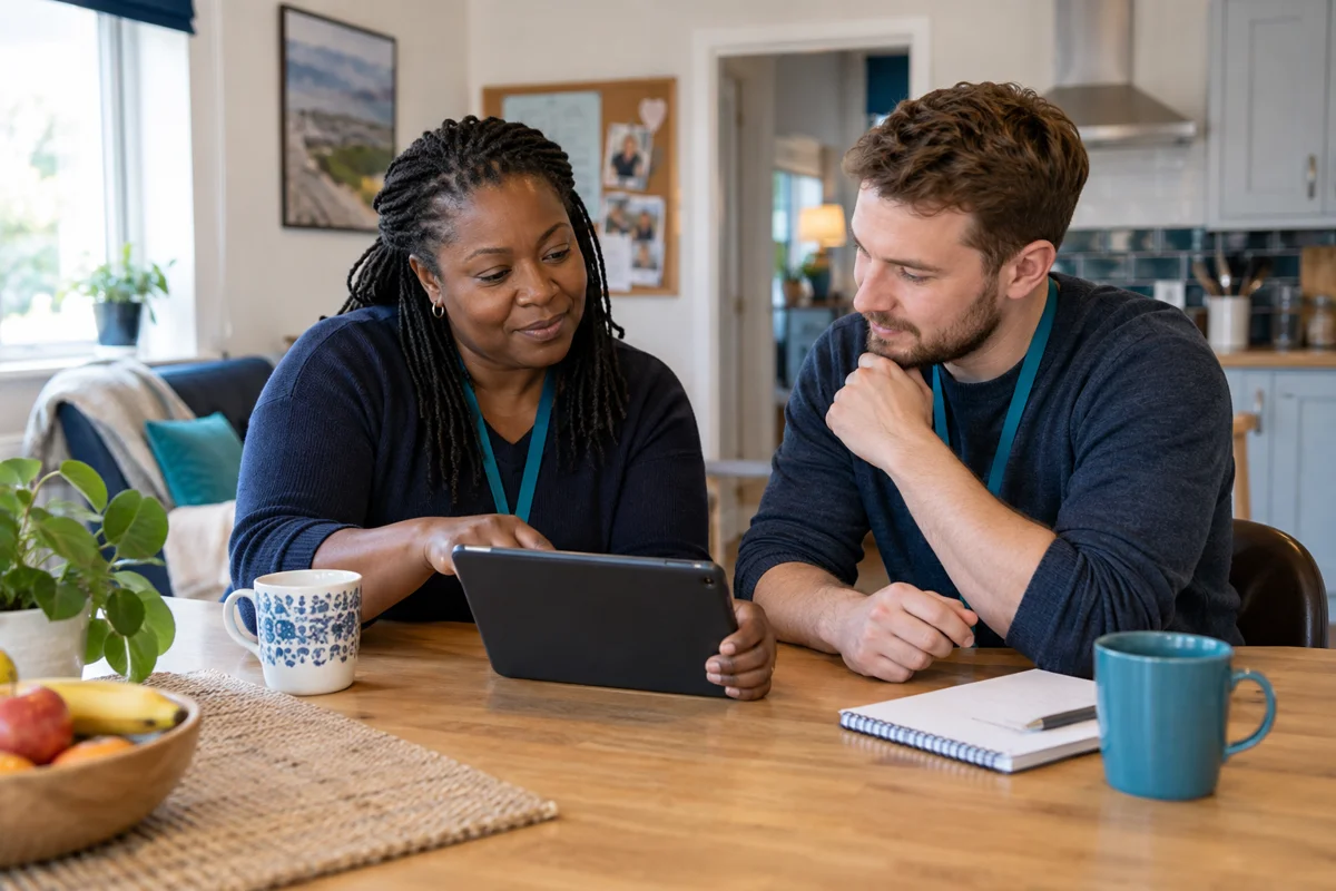 Two care practitioners discussing a tablet