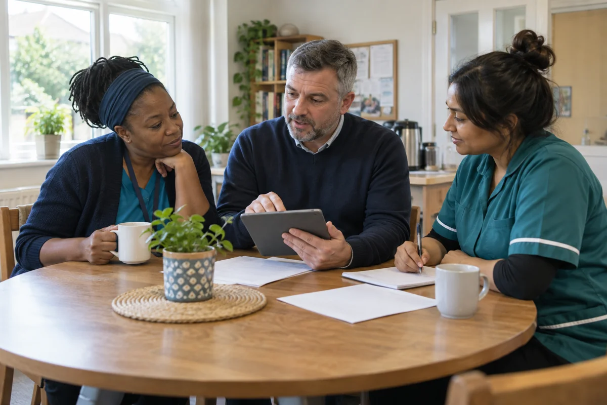 Illustration of care colleagues reviewing information together