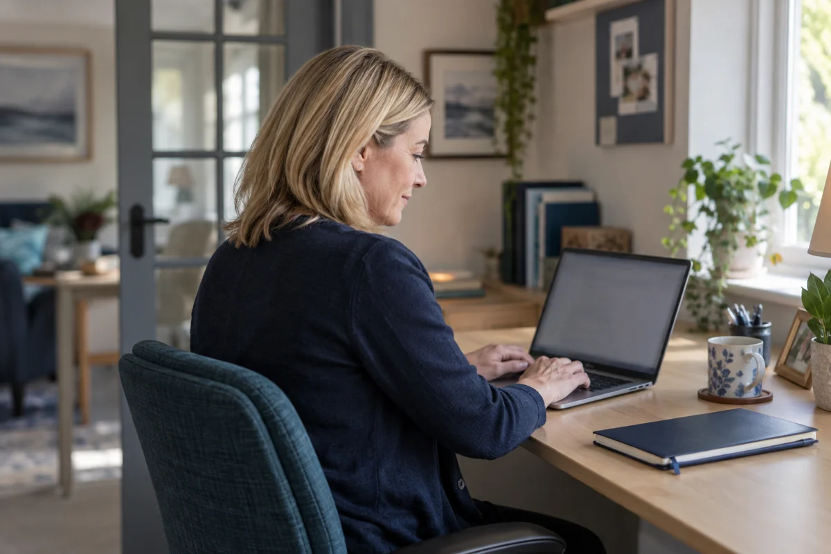 A care manager using a laptop in a private office