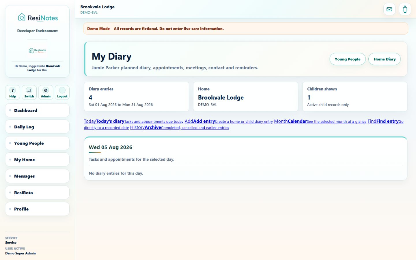 ResiNotes key working screen using fictional information