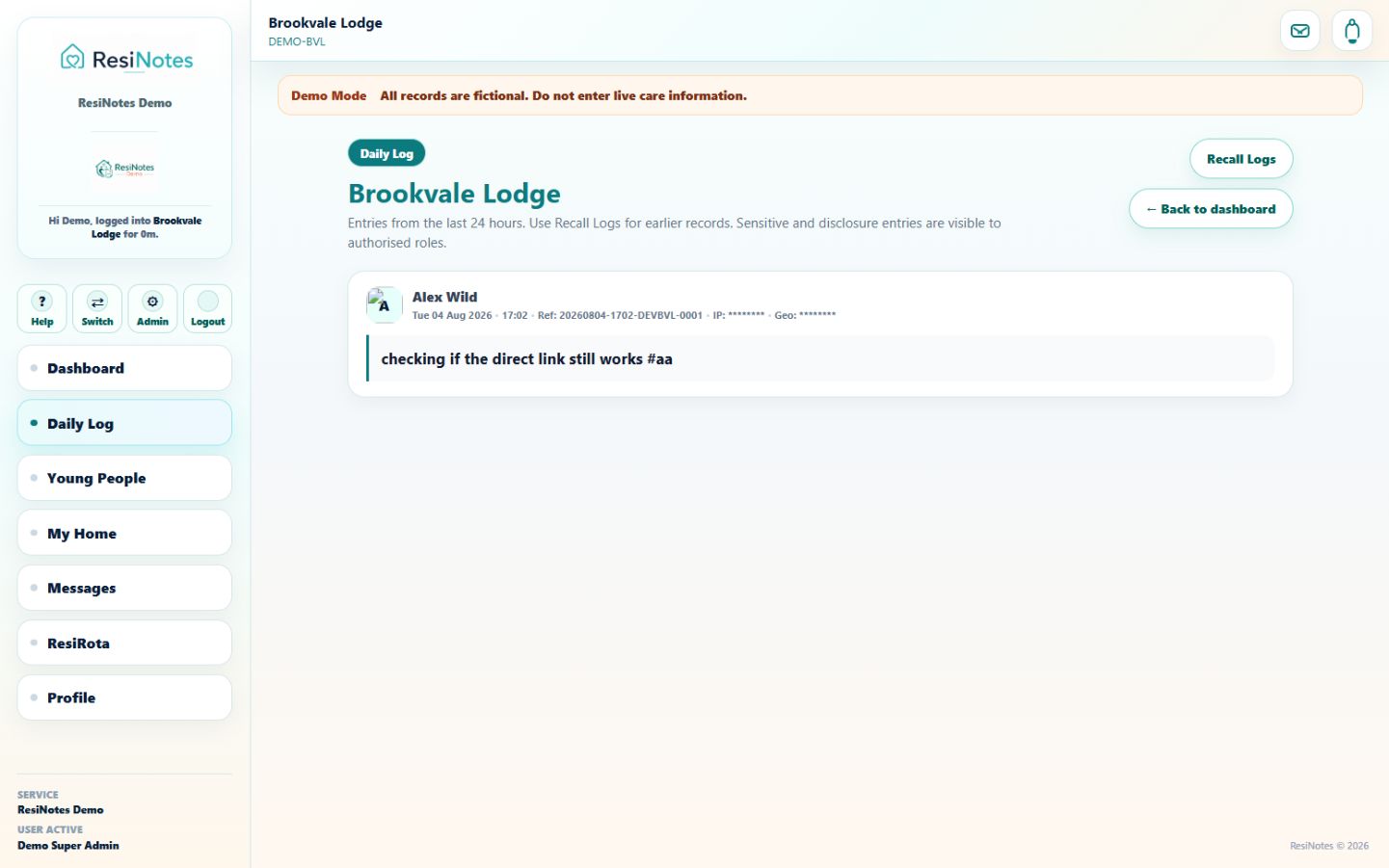 ResiNotes daily recording screen using fictional information