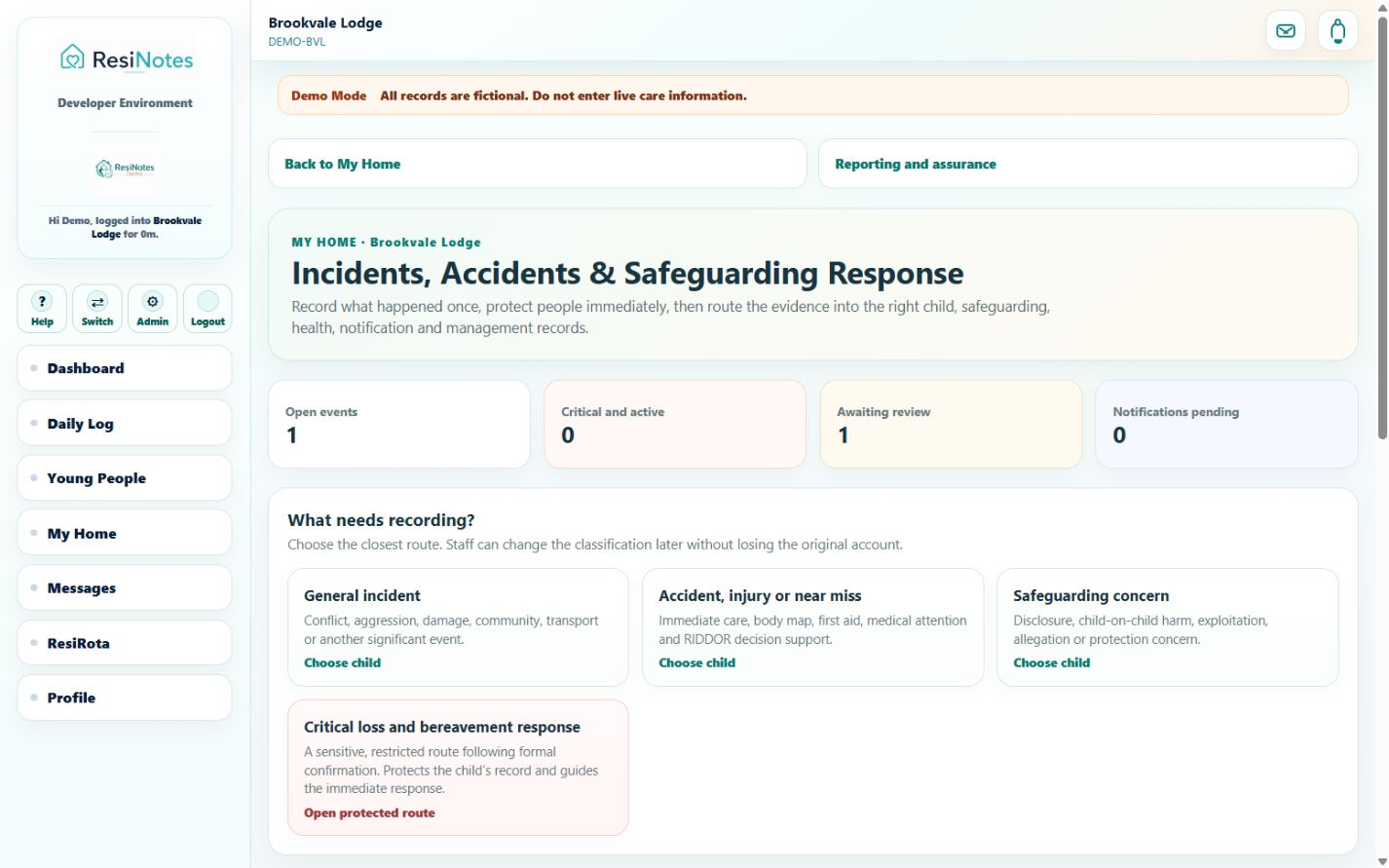 ResiNotes incidents, accidents and safeguarding response dashboard