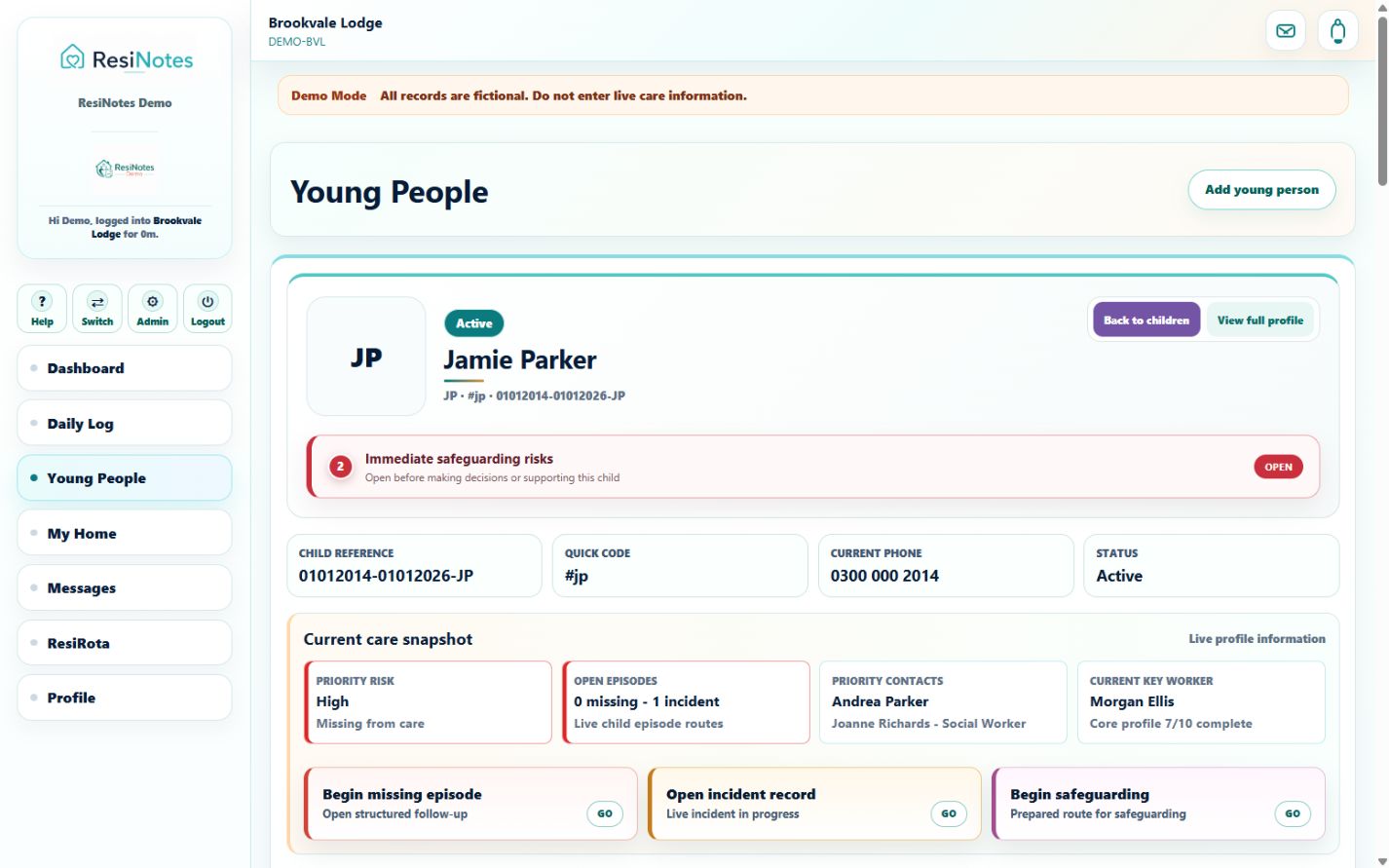 ResiNotes child profile and current care snapshot