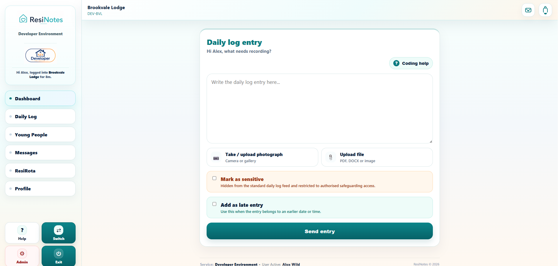 ResiNotes desktop Daily Logbook entry screen