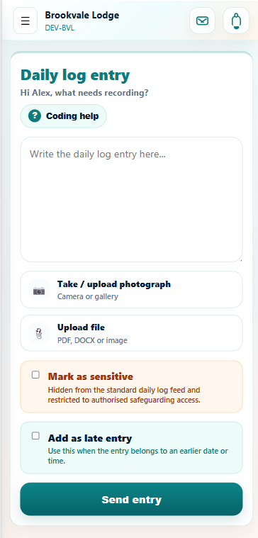 ResiNotes mobile Daily Logbook entry screen