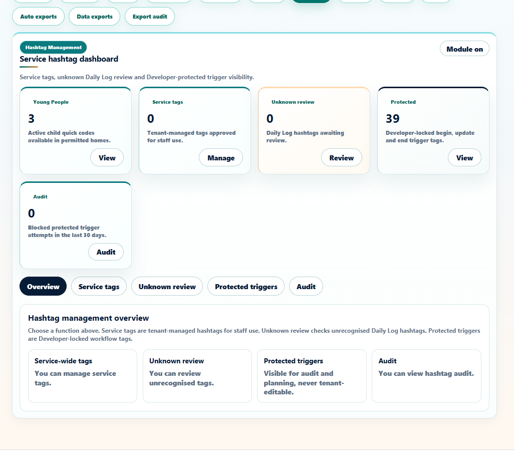 Service hashtag dashboard showing service tags, unknown review, protected triggers and audit