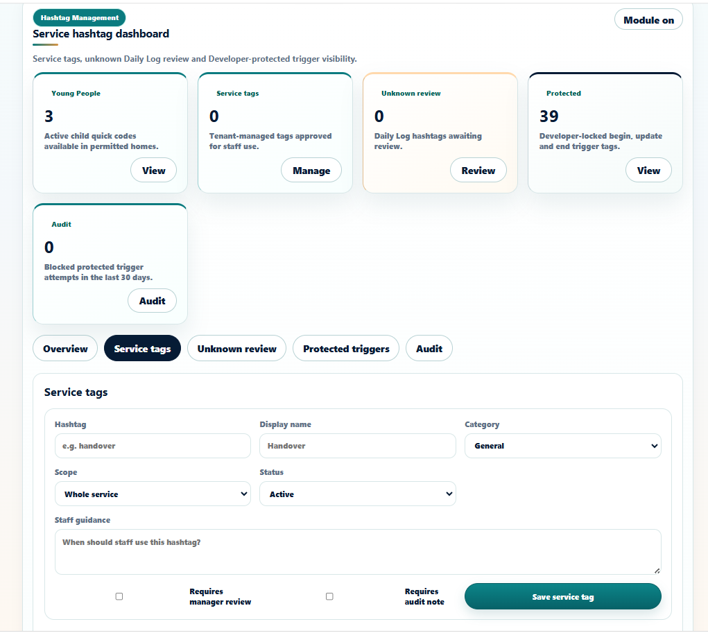 Service tag creation form