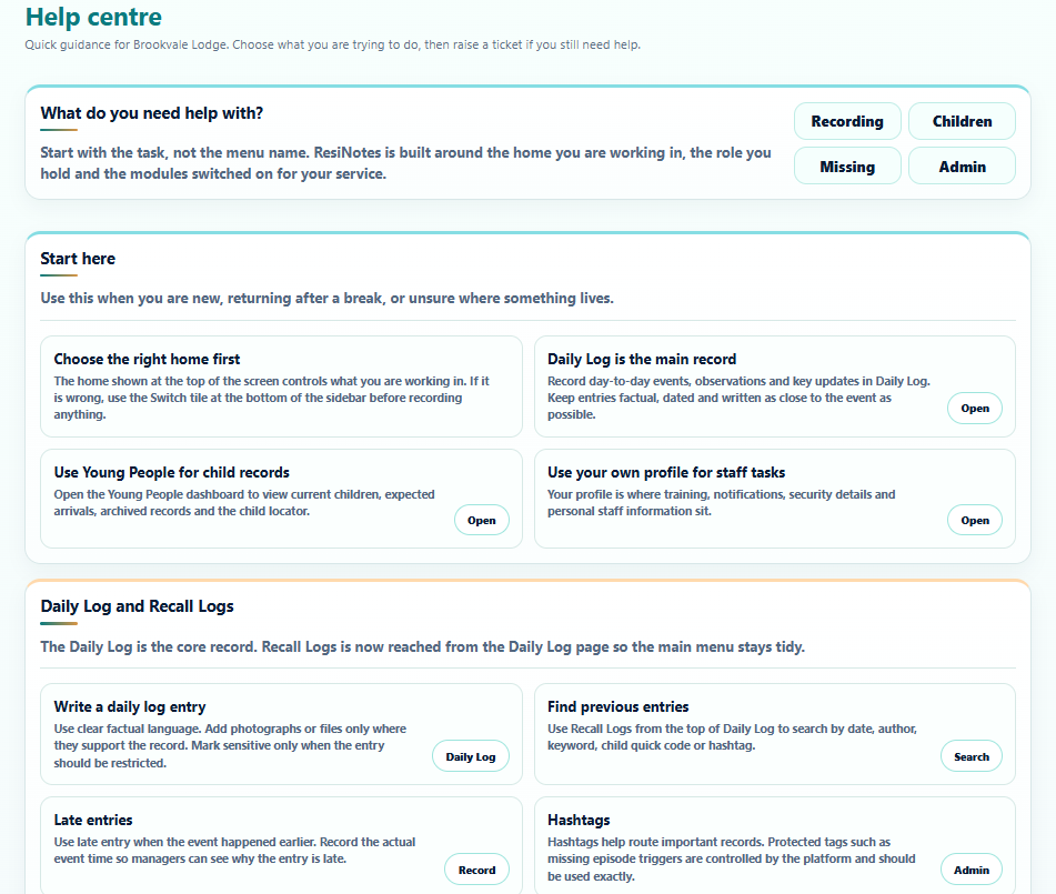 Help Centre with recording, children, missing and admin guidance