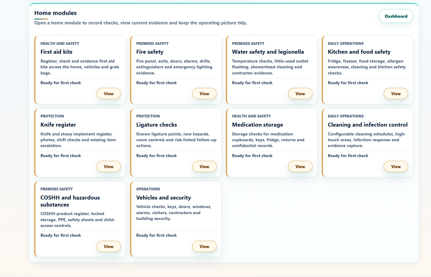 My Home modules showing first aid, fire safety, water safety, kitchen, knife, ligature and COSHH checks