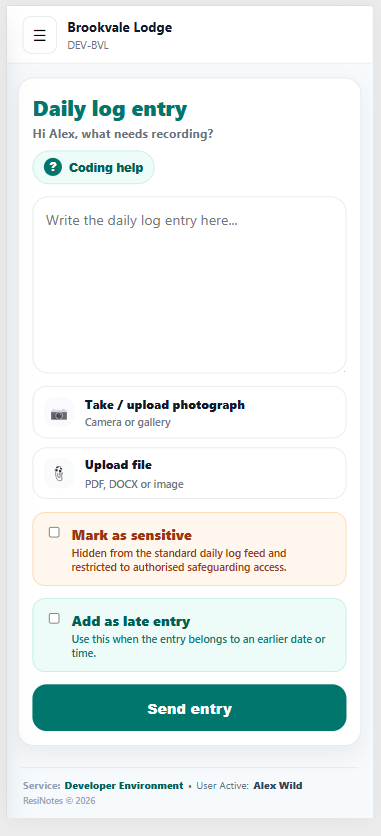 Mobile Daily Log entry screen
