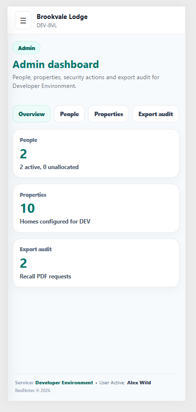 Mobile admin overview screen